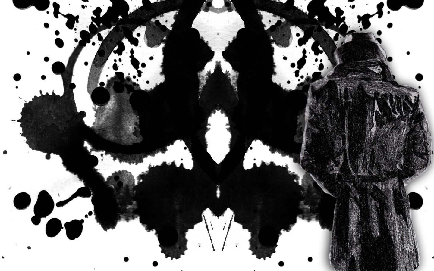 A figure in a trench coat stands before a Rorschach inkblot, capturing the eerie aesthetic of the Watchmen comic. The contrast of black and white evokes intrigue and mystery.
