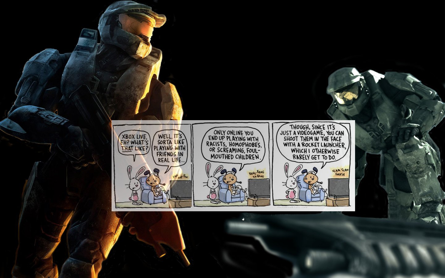 Funny video game image: two armored soldiers flank a three-panel comic strip, the absurd juxtaposition creating a tongue-in-cheek Funny Game vibe.