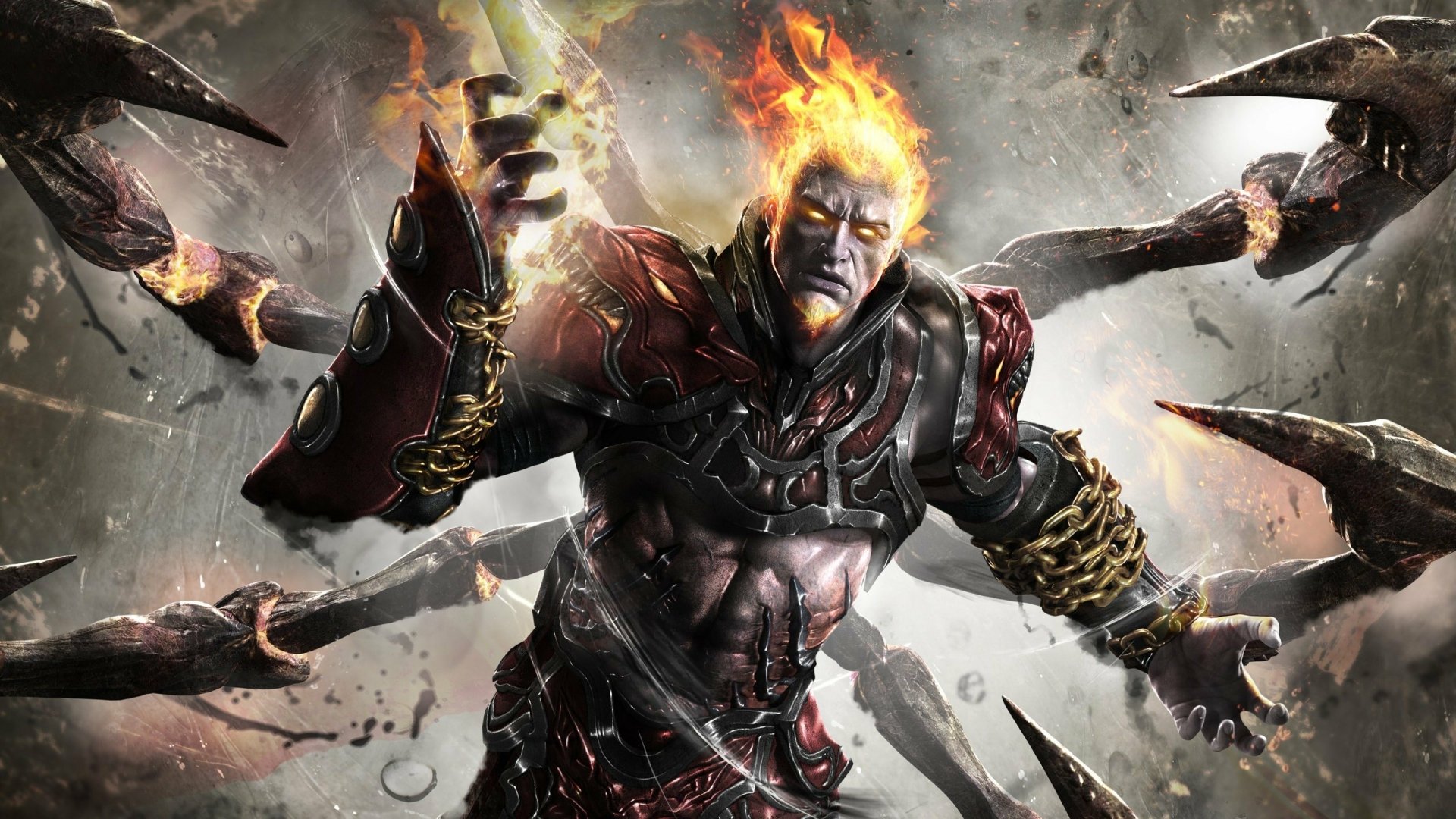 A fiery, armored character with glowing eyes and flaming hair battles large, clawed creatures in a dark, intense scene from the video game God of War: Ascension.