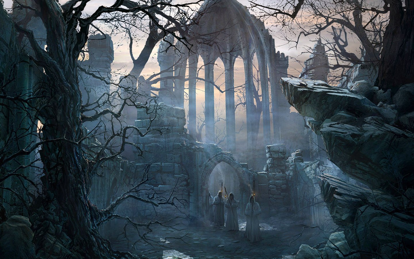 A haunting scene of dark ruins, with skeletal trees surrounding the remnants of a once-grand structure, shrouded in mist and mystery under a twilight sky.
