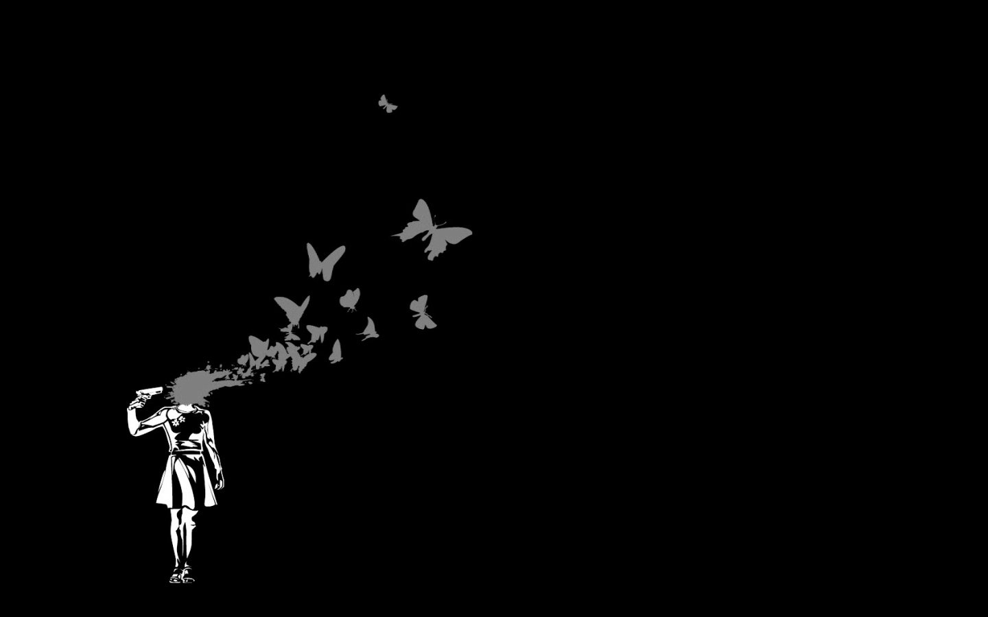 A silhouette of a girl standing against a dark background, with butterflies emerging from her head, embodying a deep emo aesthetic and evoking themes of transformation and loss.