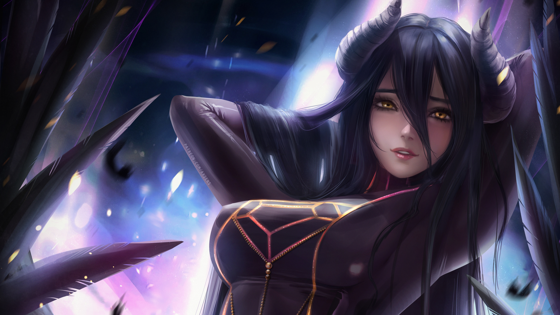 A captivating portrayal of Albedo from the anime Overlord, featuring her with flowing black hair, striking golden eyes, and a dark outfit amidst an ethereal, magical background.