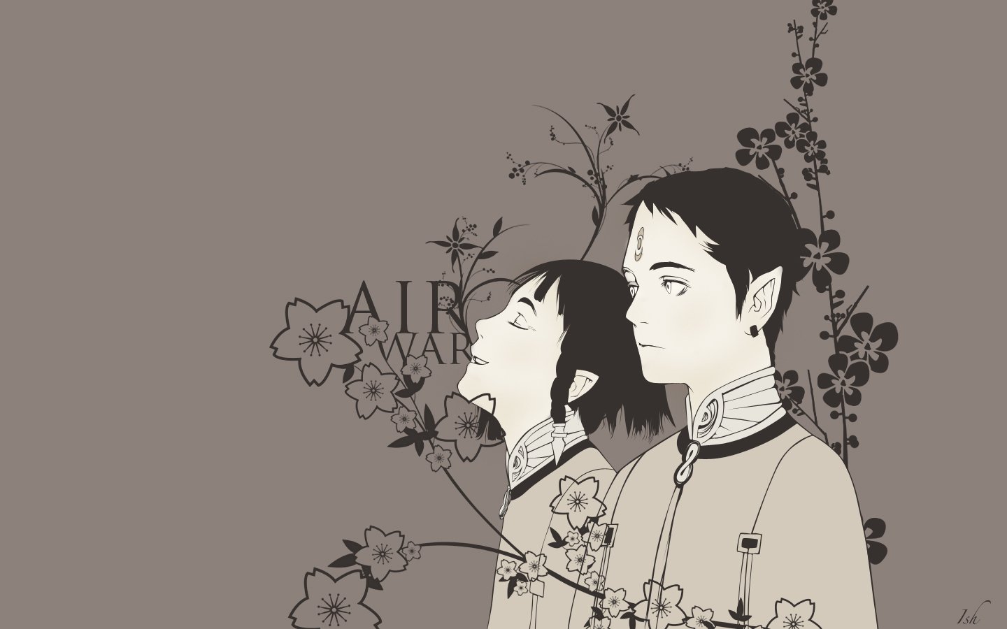 Last Exile anime illustration of two uniformed youths in profile with floral motifs; one has pointed ears, both gaze to the right.