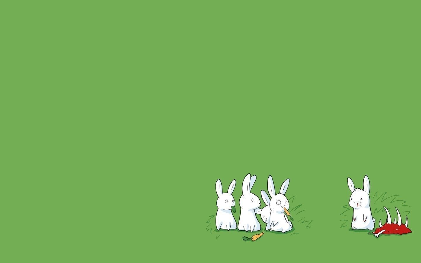 Four white rabbits sit on a bright green grass, while one rabbit nearby appears mischievous, surrounded by a strange red mess, adding a funny twist to the scene.