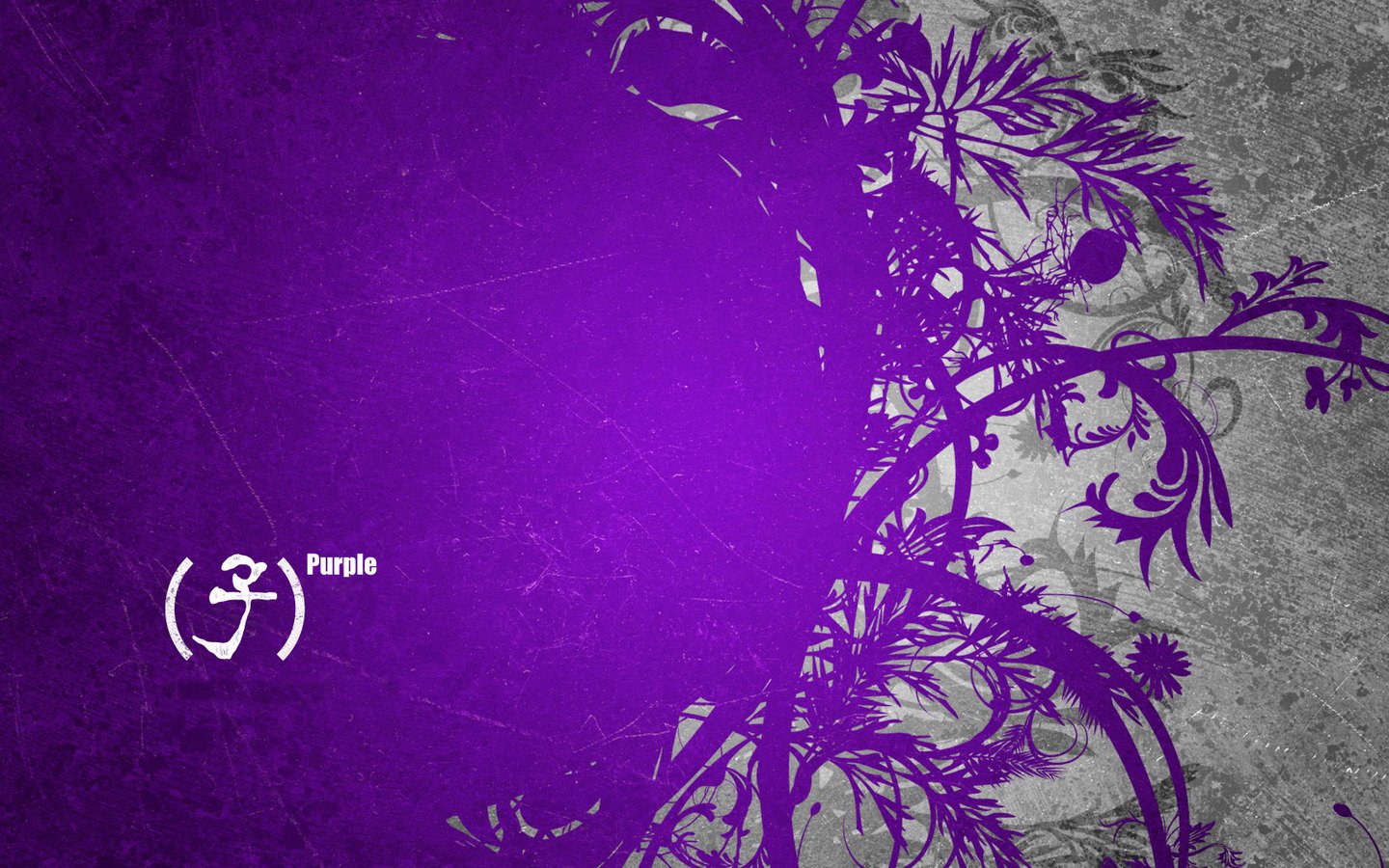 An artistic composition featuring vibrant purple elements intertwined with intricate floral designs against a textured gray background.