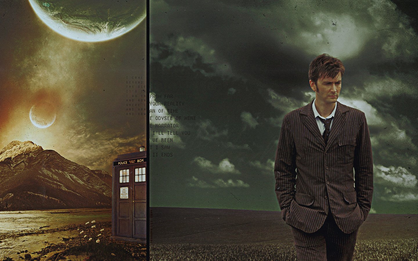 A scene from the TV show Doctor Who (2005), featuring the Doctor in a dramatic landscape with otherworldly planets and a TARDIS in the background.