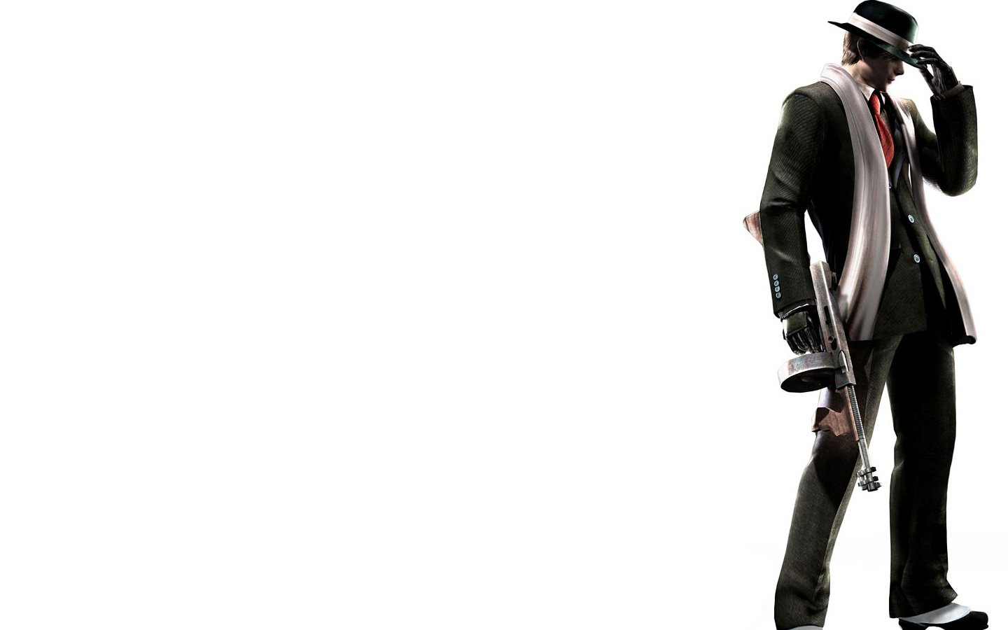 A character from the video game Resident Evil 4 stands confidently, wearing a suit, hat, and scarf, holding a gun, embodying the game's tense atmosphere.
