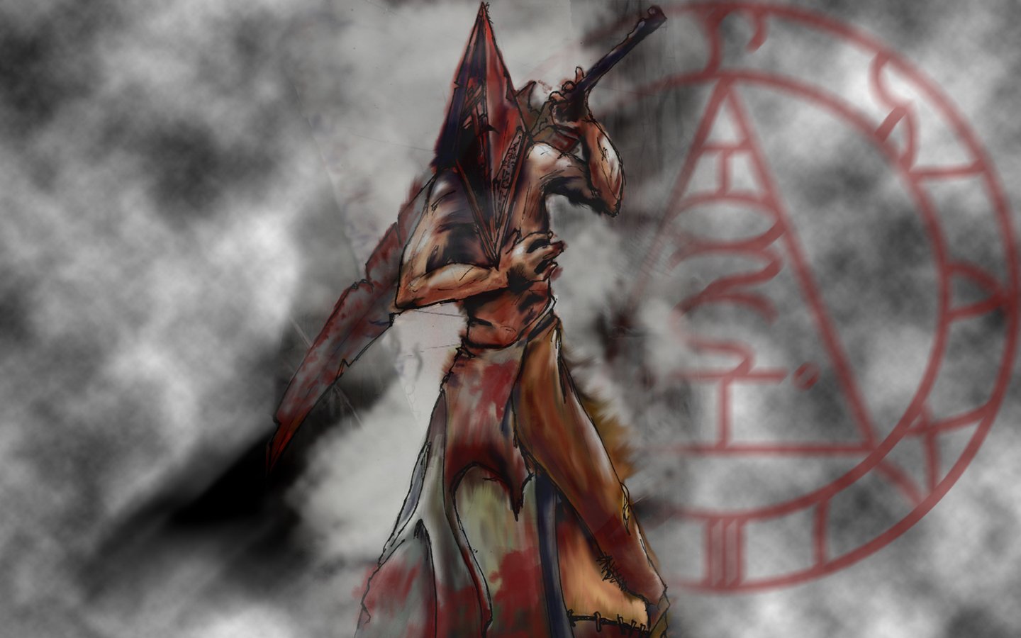 A sinister figure from the video game Silent Hill, shrouded in fog, wields a weapon while standing before a mysterious symbol, embodying the game's eerie atmosphere.