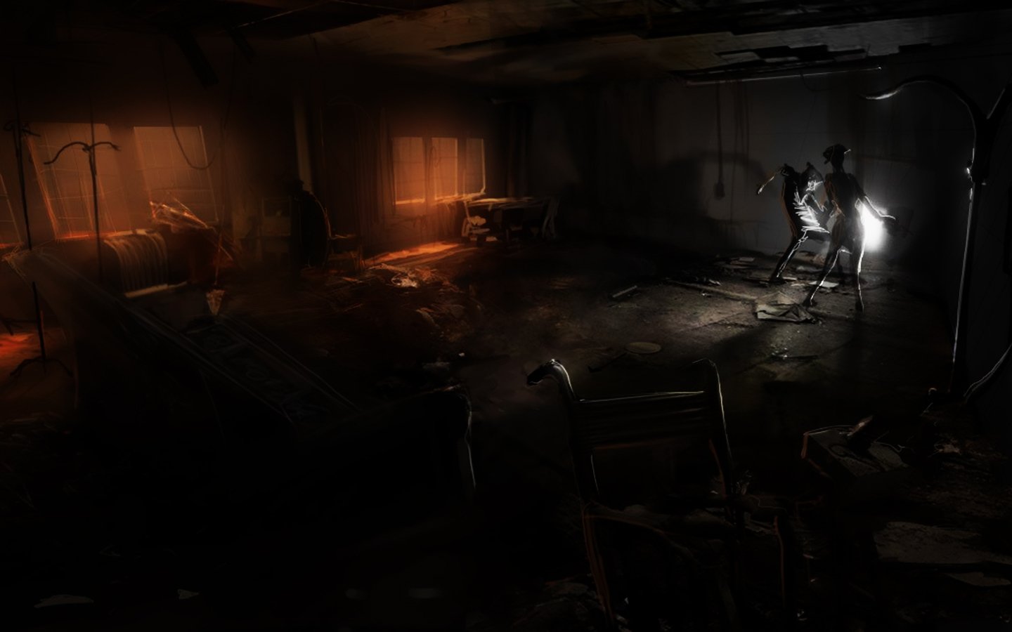 A dimly lit, eerie room from the video game Silent Hill, featuring dark shadows, broken furniture, and glowing windows that create a haunting atmosphere.