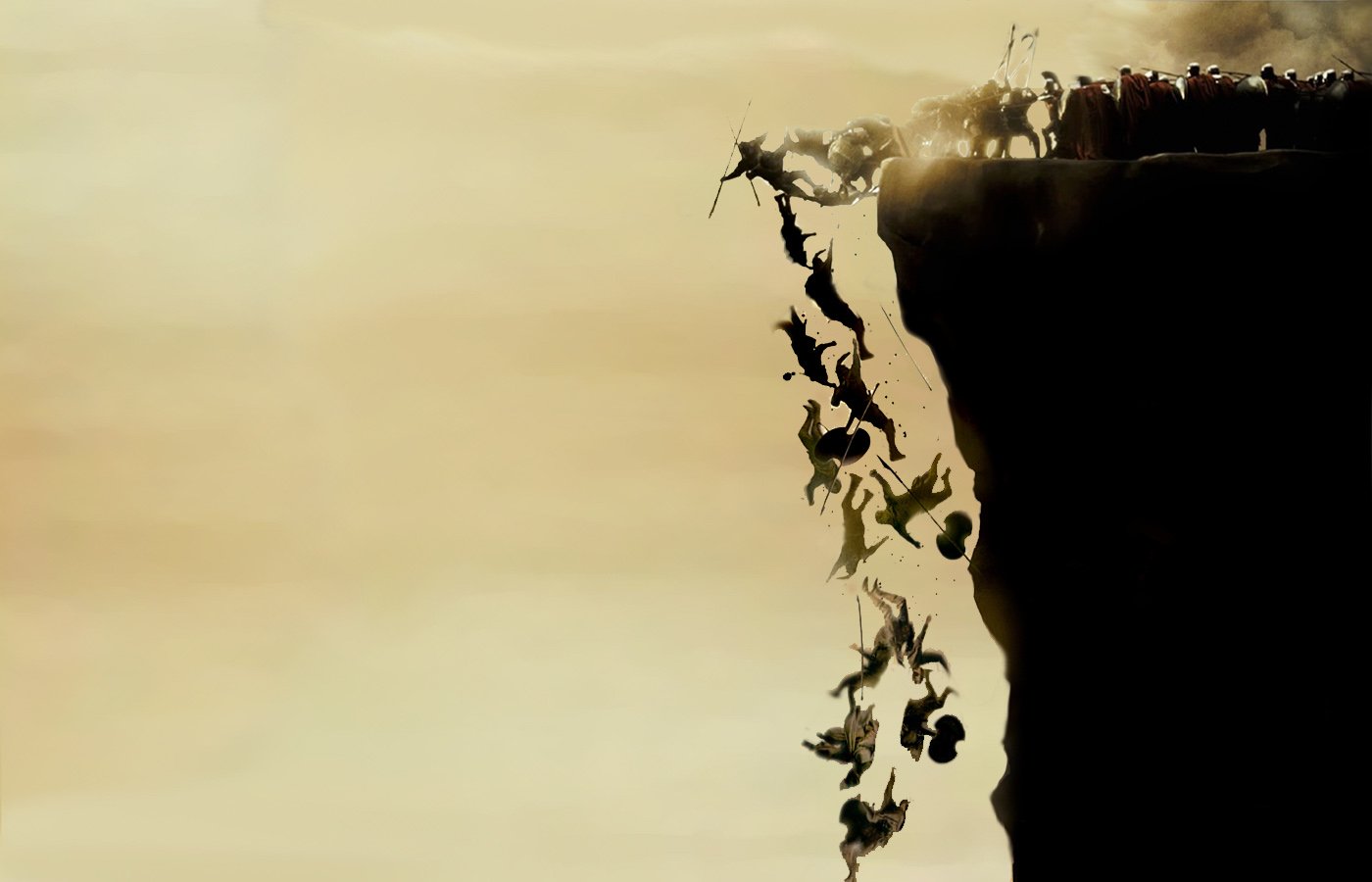 Silhouetted figures fall from a cliff, capturing a dramatic moment from the movie 300, against a backdrop of a hazy, golden sky.