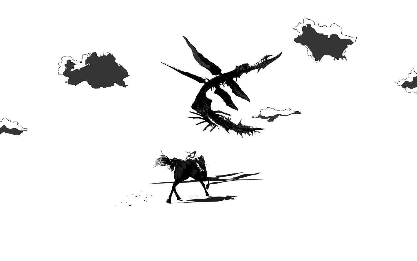 Black and white silhouette of a rider on horseback facing a flying Colossus from the video game Shadow of the Colossus.