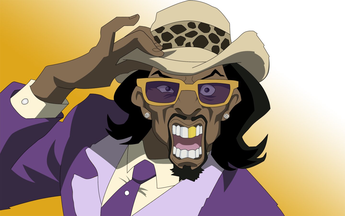 Animated character from the TV show The Boondocks wearing a purple suit, leopard print hat, and large sunglasses, striking a confident pose.