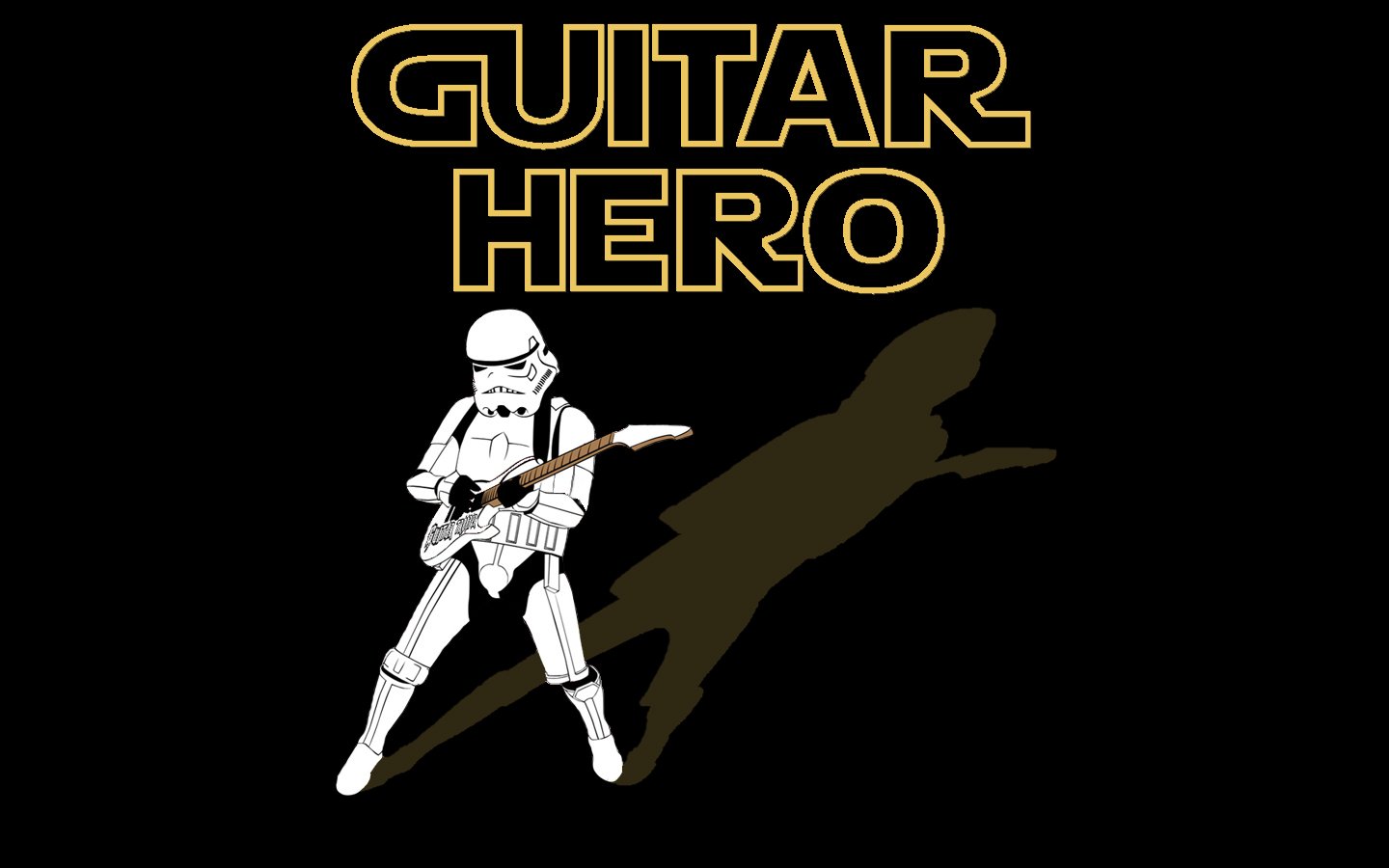 A stormtrooper rocks out with a guitar in this playful homage to Guitar Hero, blending gaming culture with iconic sci-fi imagery.