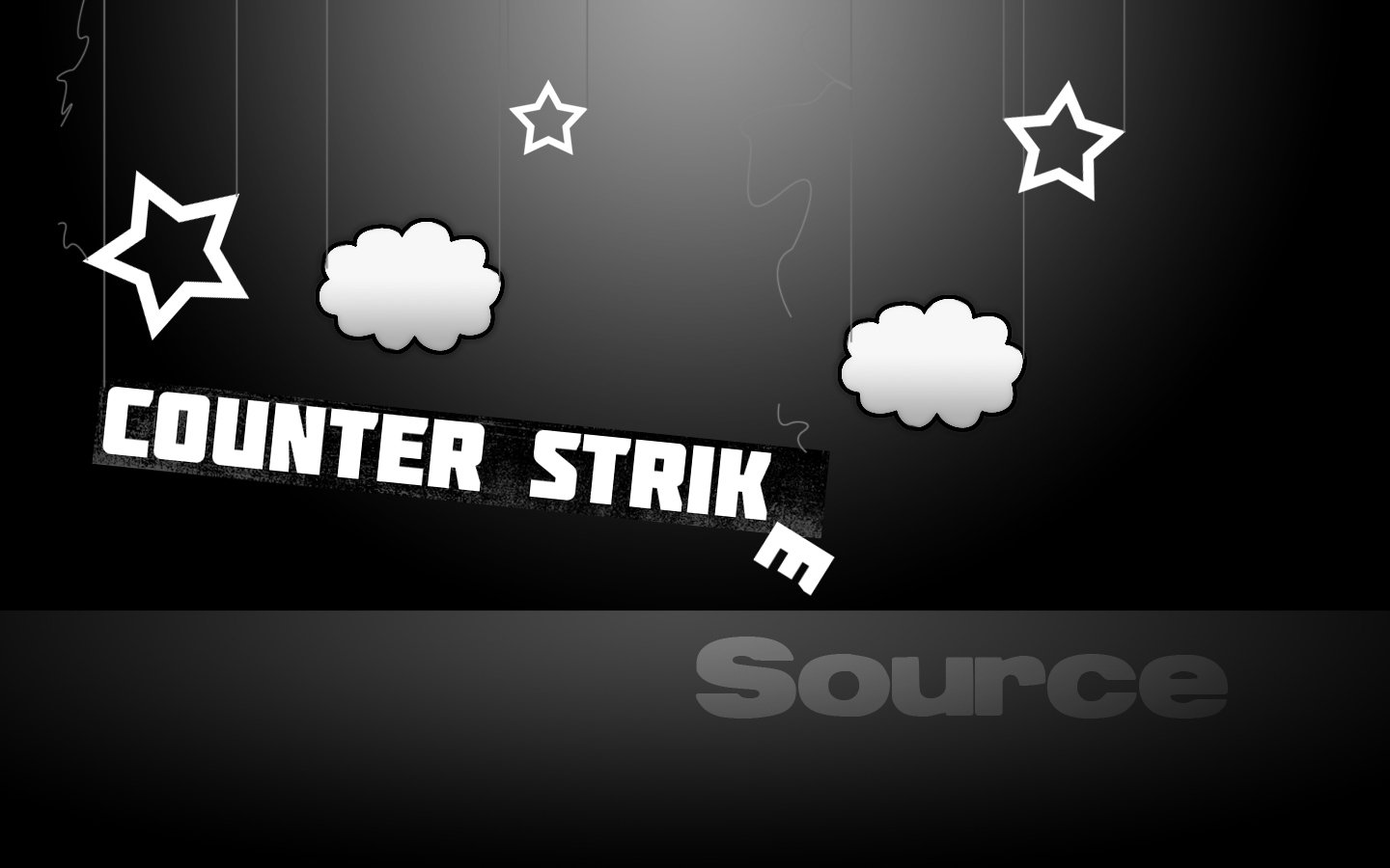 A graphic featuring the text COUNTER STRIK against a dark background, accompanied by whimsical clouds and stars, evokes the dynamic atmosphere of the video game Counter Strike.