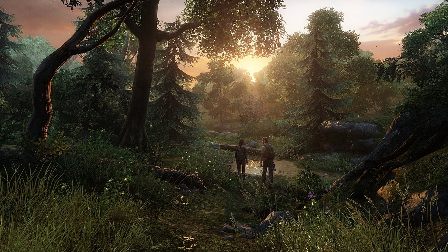 A scenic landscape from the video game The Last of Us, featuring two characters walking through lush greenery and trees under a vibrant sunset.