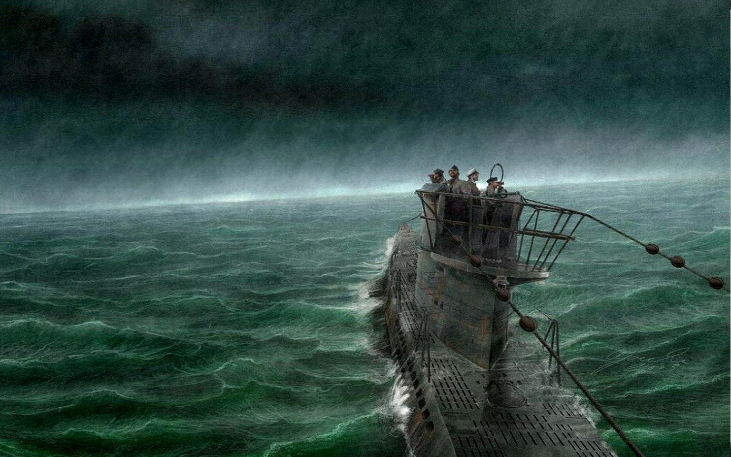 A military submarine navigates through turbulent waters under a dark, stormy sky, showcasing its imposing presence amidst the swirling ocean waves.