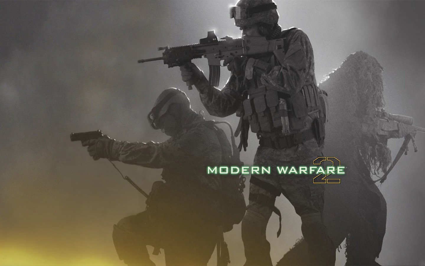 Silhouetted soldiers armed with weapons stand against a smoky background, representing the action and intensity of Call of Duty: Modern Warfare 2.
