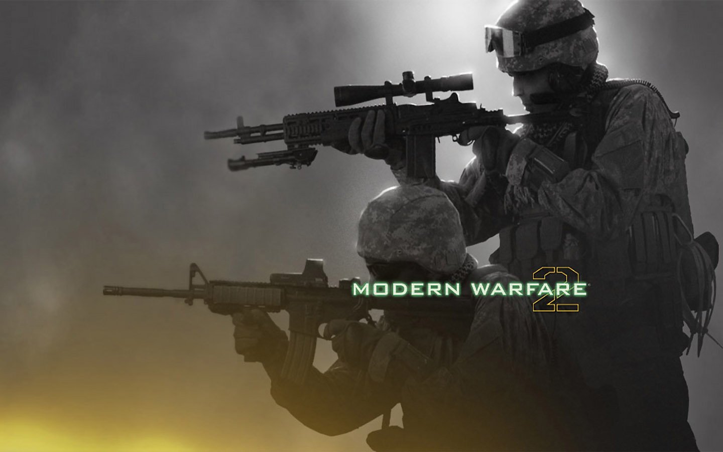 Two armed soldiers in tactical gear are ready for action, set against a dramatic backdrop. The text MODERN WARFARE 2 highlights the iconic video game Call of Duty: Modern Warfare 2.