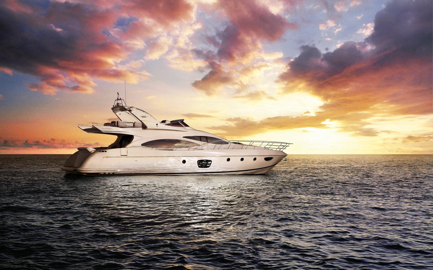 A luxurious yacht glides through tranquil waters at sunset, framed by vibrant clouds and a golden sky, showcasing a stunning maritime scene.