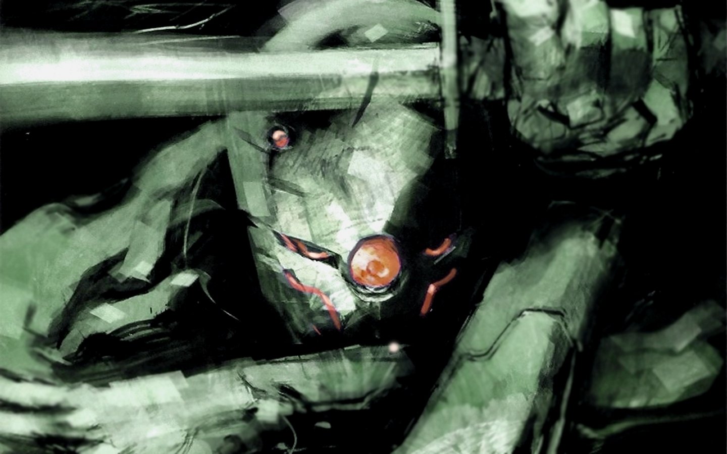 Artwork featuring a close-up of a stealthy, armored character from the video game Metal Gear Solid, depicted in dark green tones with a glowing red eye.