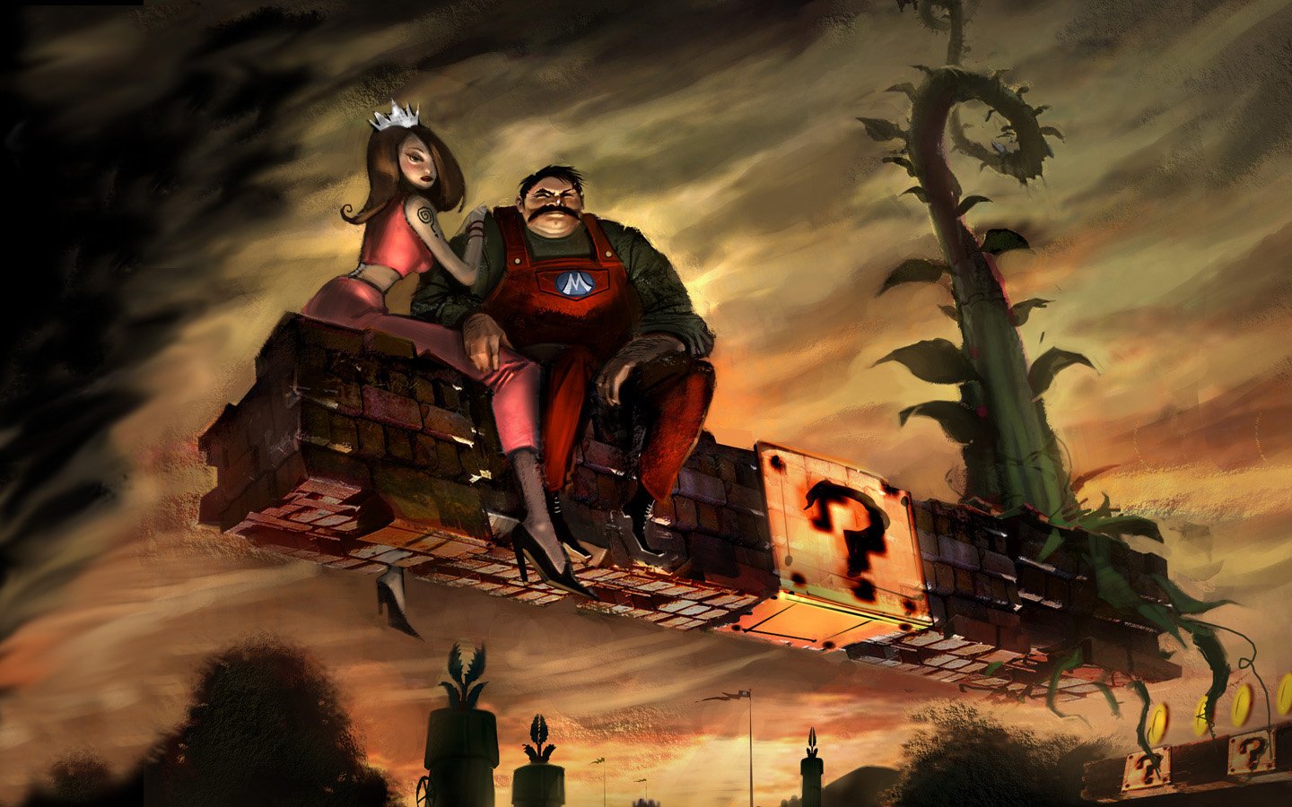 A dramatic, dark-themed video game artwork depicting Mario and Princess Peach sitting on a floating platform adorned with the iconic Mario question mark block.