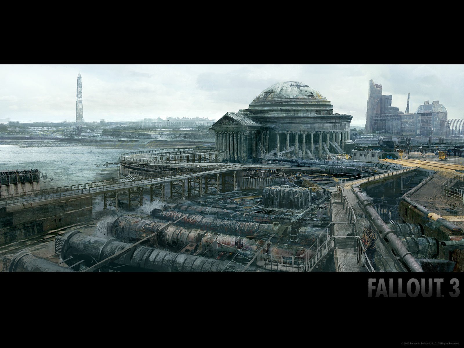 Post-apocalyptic scene from the video game Fallout 3 featuring the Washington Monument and damaged, ruined buildings in a desolate landscape.