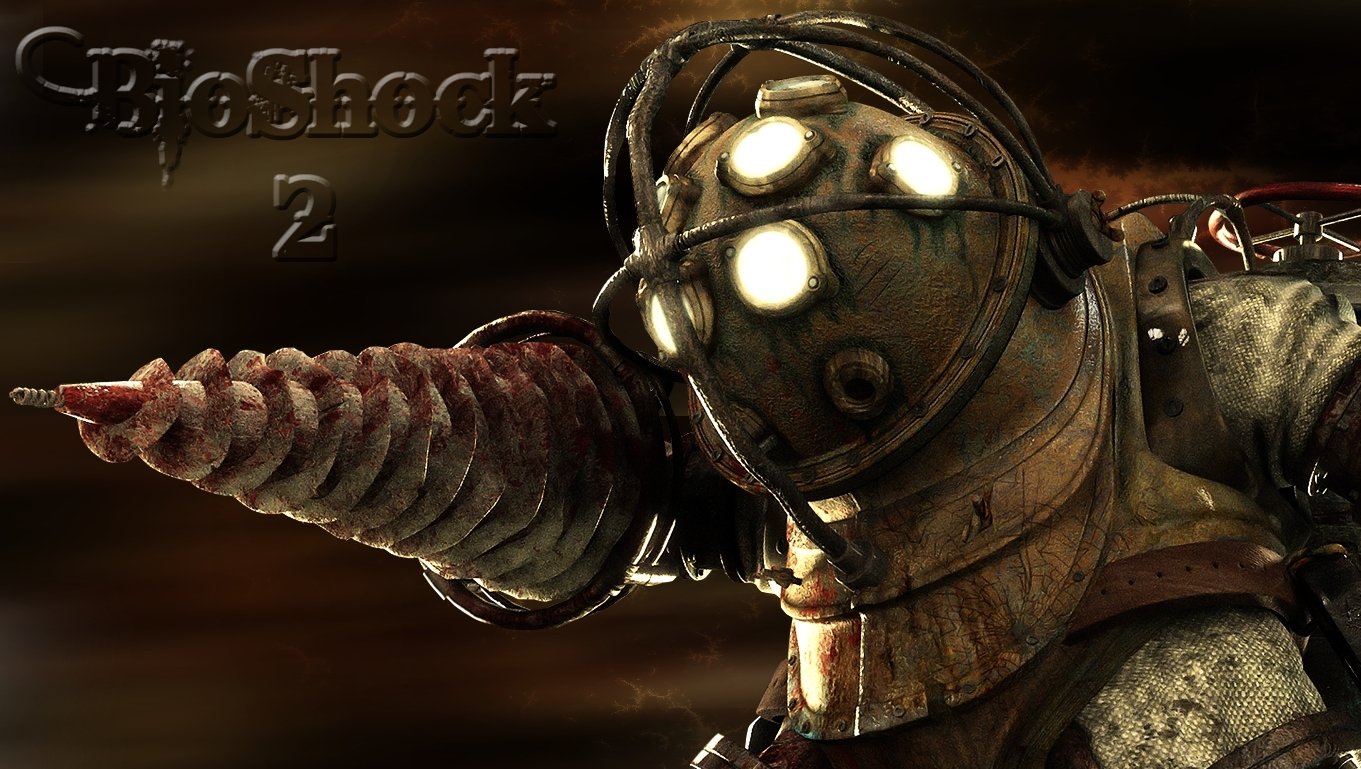 A character from the video game Bioshock 2, featuring a large drill arm and a distinctive diving suit, stands against a dark, atmospheric background.