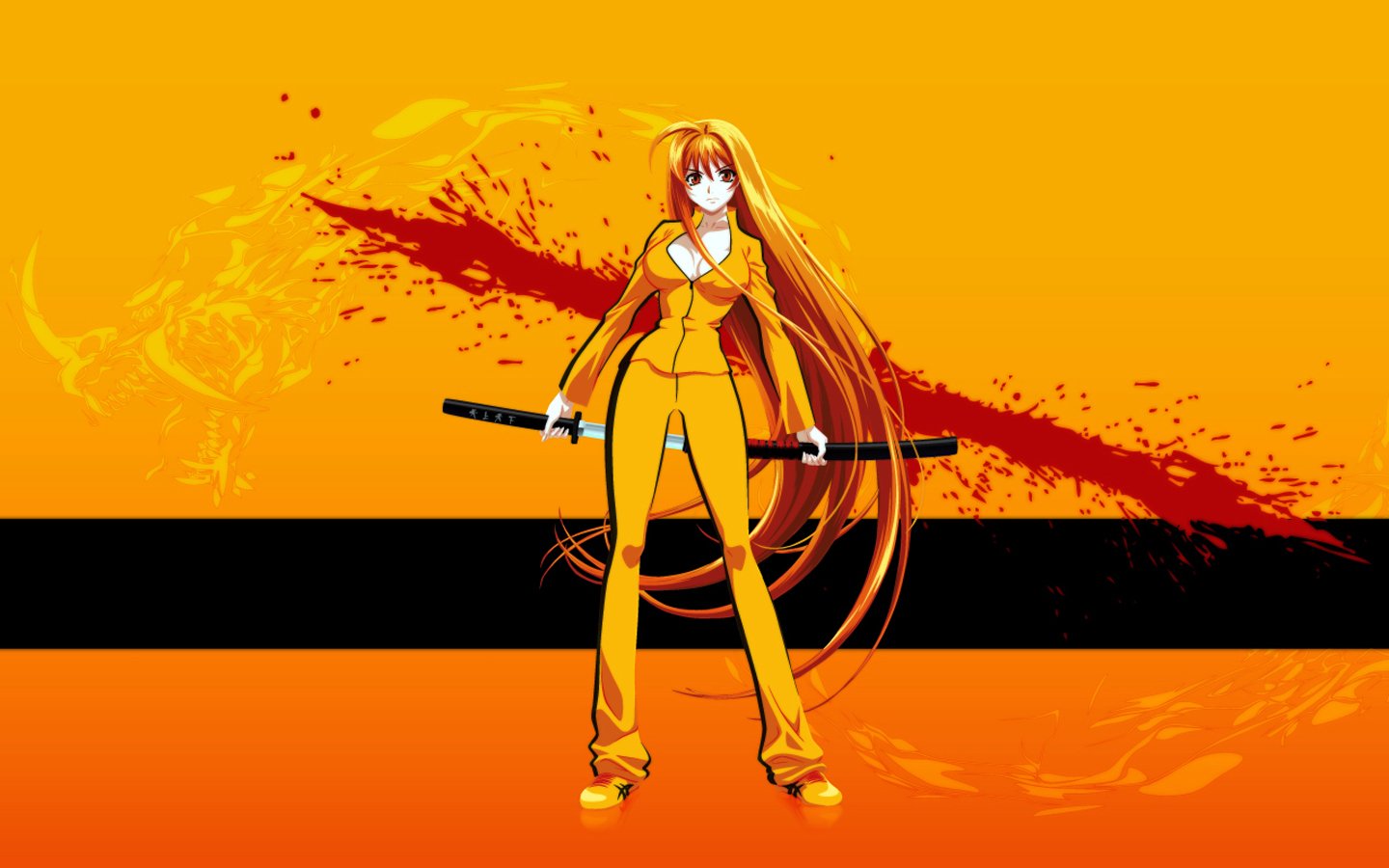 Anime character from Tenjho Tenge stands confidently in an orange outfit holding a katana, with dynamic red and black brush strokes on a bright orange background.