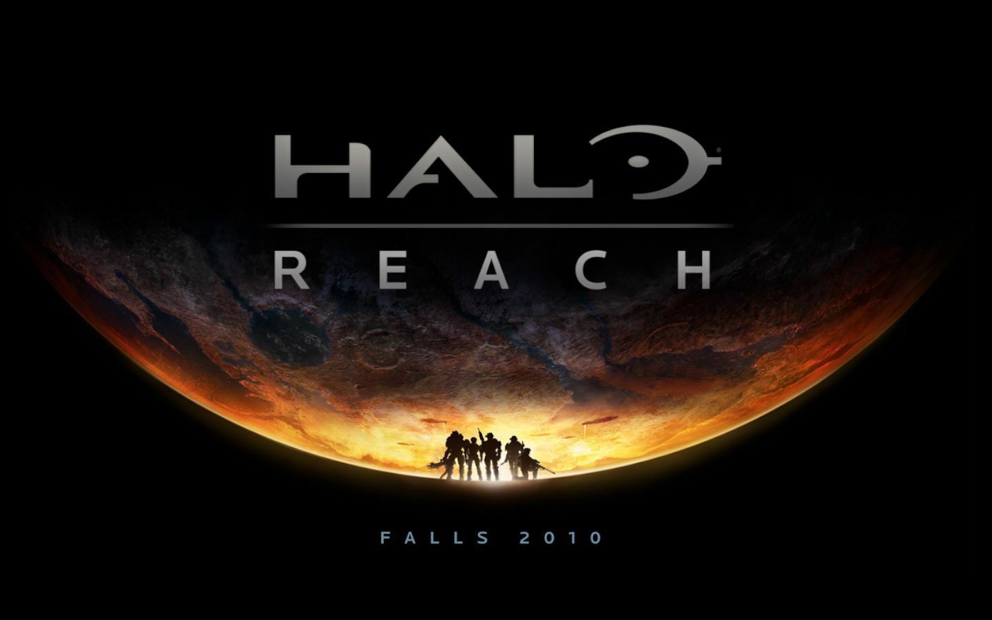 Logo of the video game Halo: Reach displayed against a fiery planet backdrop, with silhouettes of characters in the foreground, announcing its release for Fall 2010.