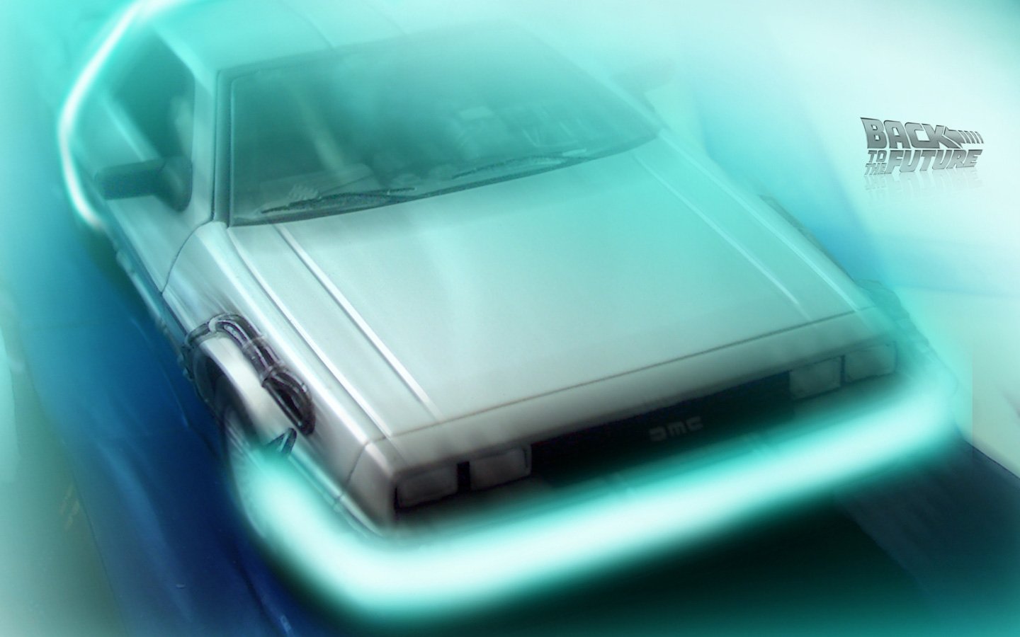 A sleek silver DeLorean from the movie Back To The Future is depicted, surrounded by a glowing energy field, capturing its iconic time-travel moment.