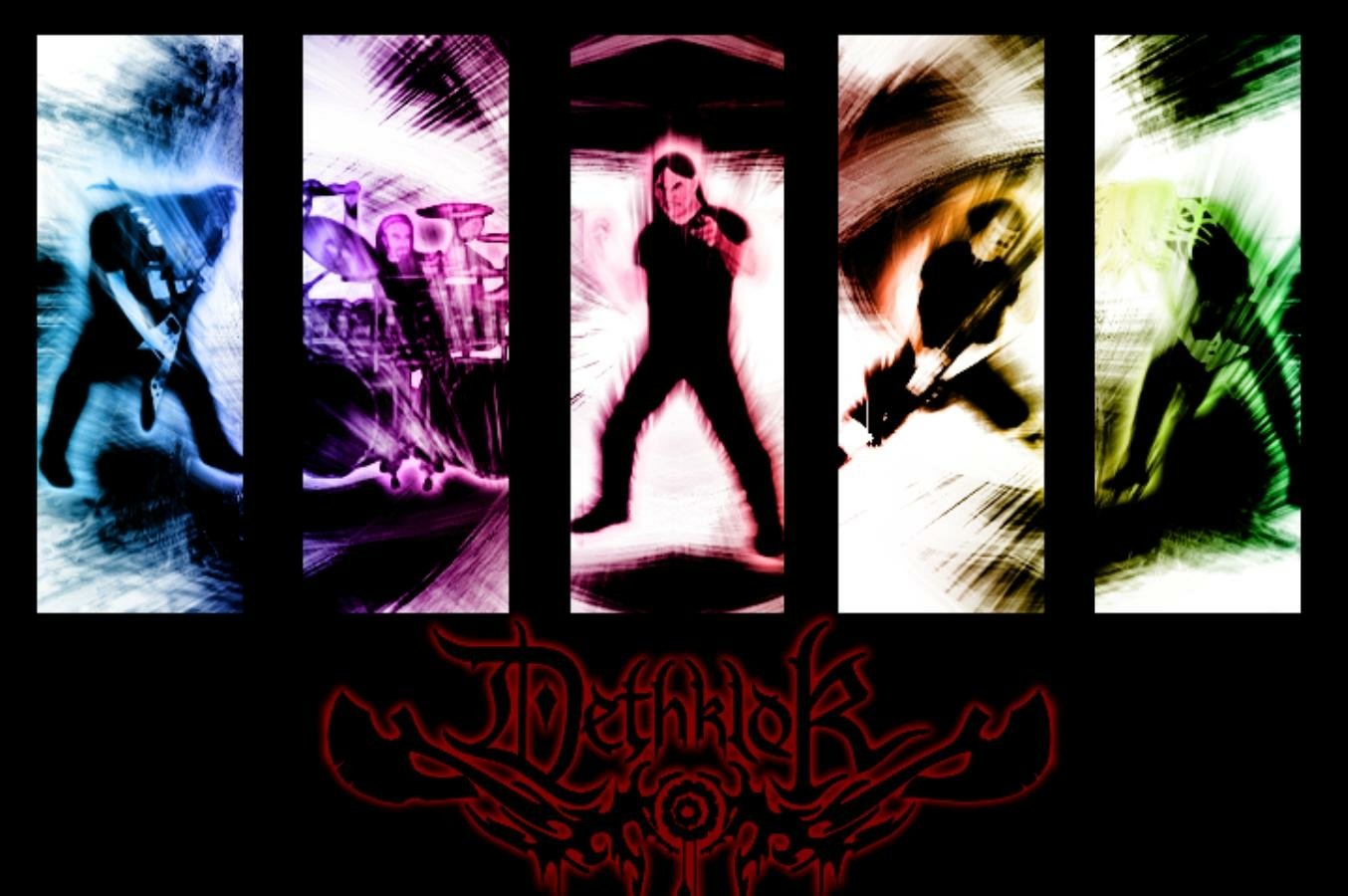 Stylized image of Dethklok performing: five vertical panels with blurred, colorful silhouettes of band members in action and the Dethklok logo beneath.