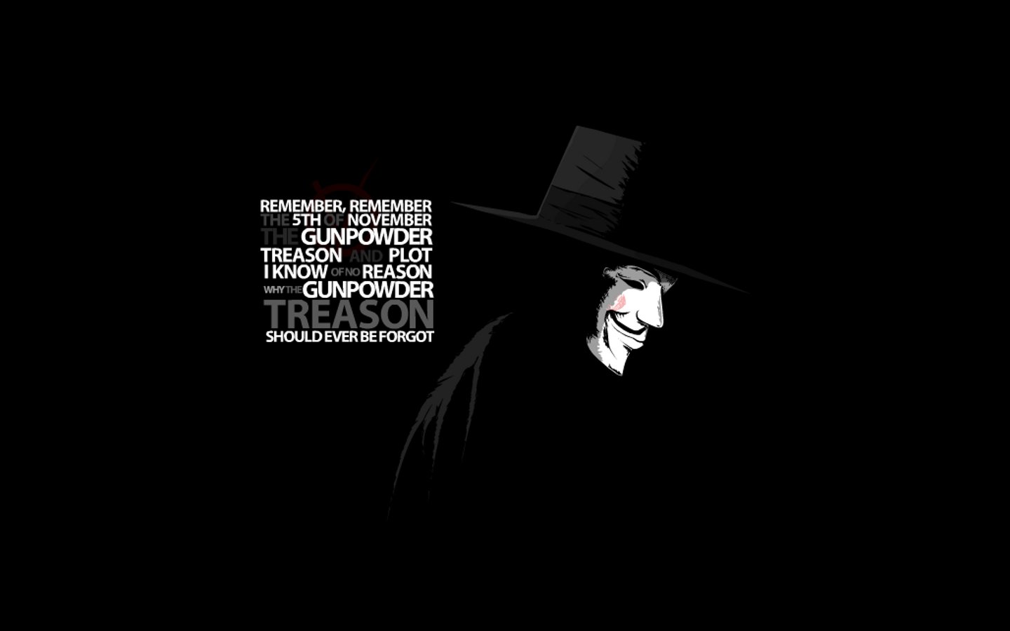 A dark, minimalist image featuring the masked figure from V for Vendetta, accompanied by the memorable phrase about gunpowder and treason against a black background.