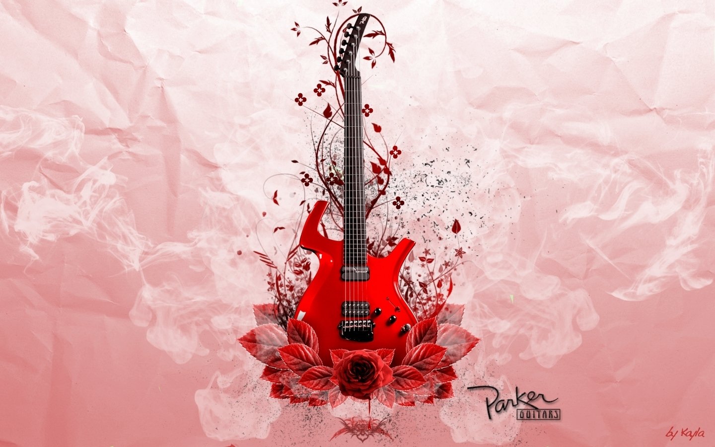 A vibrant red electric guitar is surrounded by artistic floral designs, embodying the energy of rock music with a bold, dynamic aesthetic.