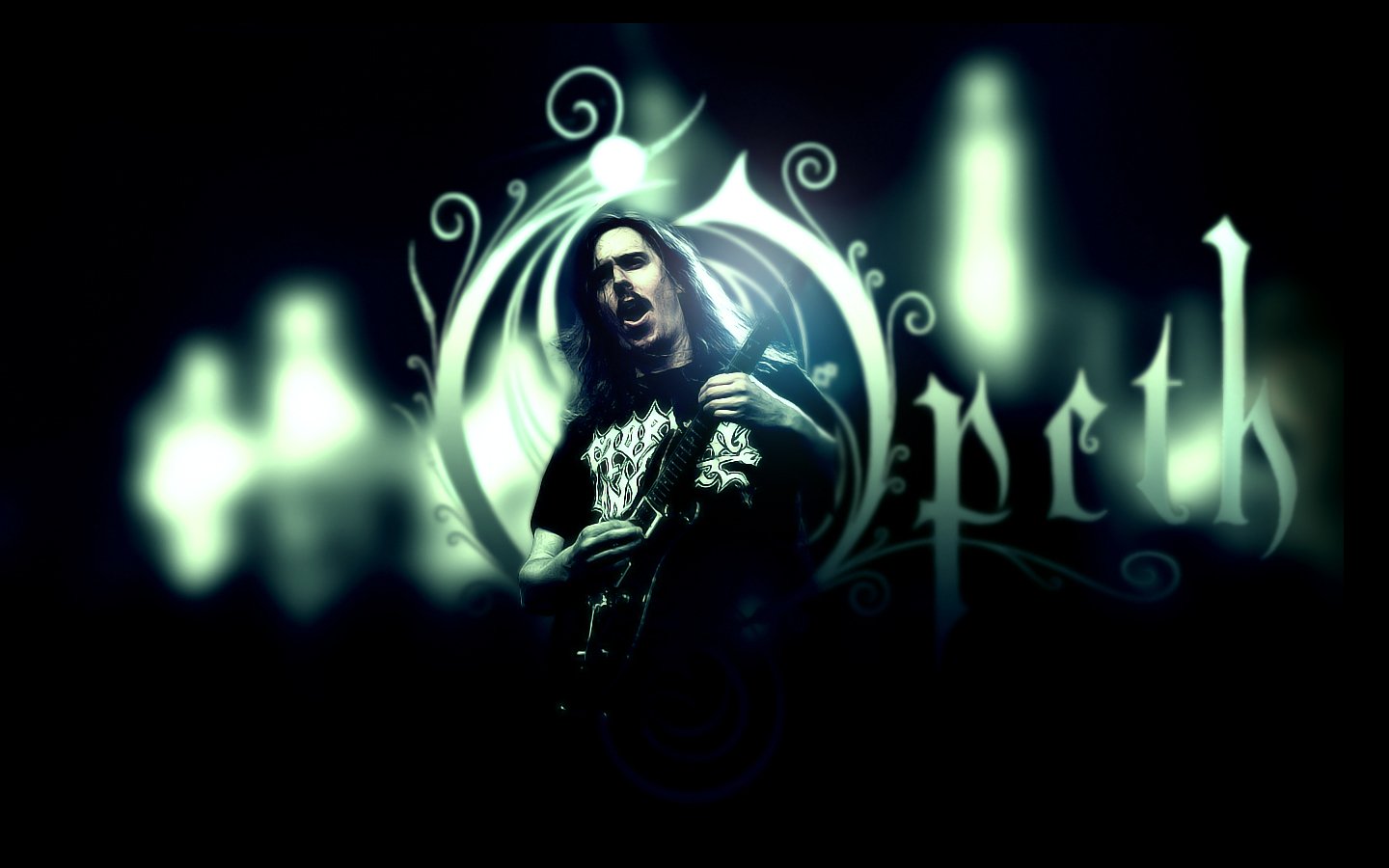 A dark, atmospheric image featuring a musician from the band Opeth with the band's stylized logo in the background.