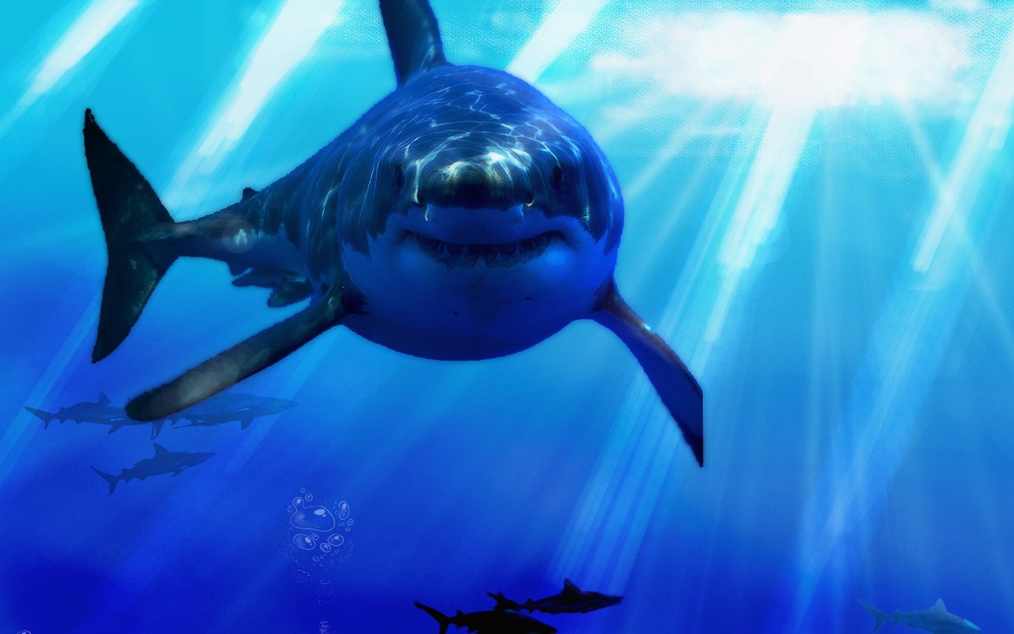 A great white shark glides through clear blue waters, sunlight streaming down, while other sharks swim in the background, showcasing the beauty of marine life.