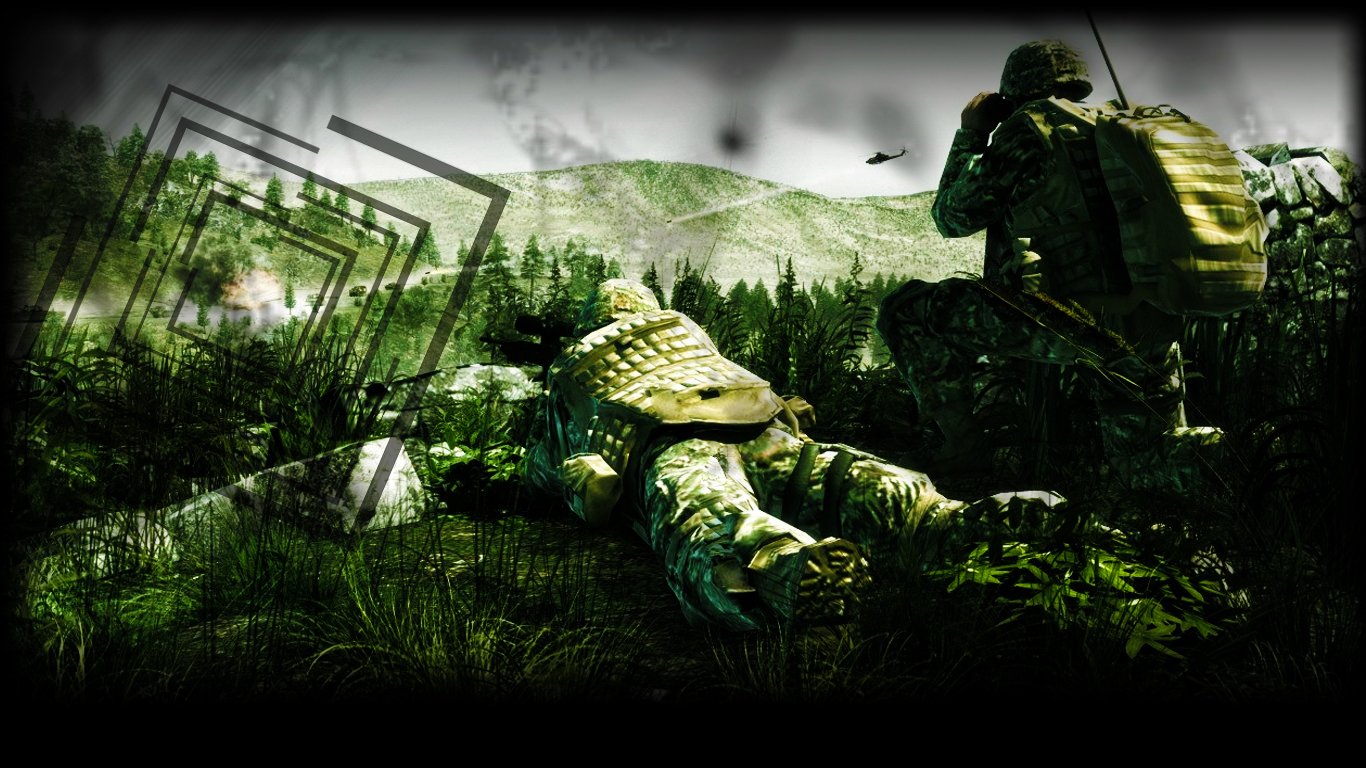 A sniper marine surveys the battlefield, poised and alert, while another soldier lies on the ground, surrounded by a dense green landscape and distant hills.