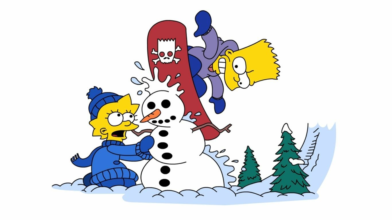 Bart and Lisa Simpson from The Simpsons play with a snowman in a snowy landscape, with Bart jumping off a red snowboard and Lisa adjusting the snowman's face.
