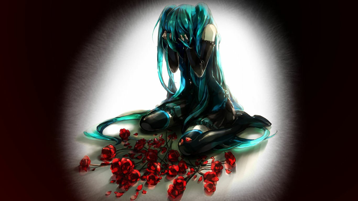 A digital illustration of Hatsune Miku, the popular Vocaloid character, seated with her turquoise hair flowing around her, surrounded by red roses, conveying a somber mood.