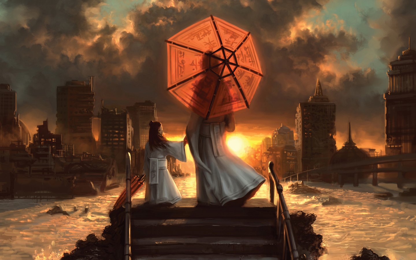A captivating painting of two figures, one holding a red umbrella, standing on steps overlooking a cityscape at sunset, with dramatic clouds and water reflecting warm hues.