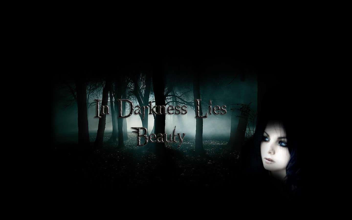 A haunting image featuring a dark forest backdrop with the text In Darkness Lies Beauty, accompanied by a mysterious figure, capturing a blend of intrigue and allure.