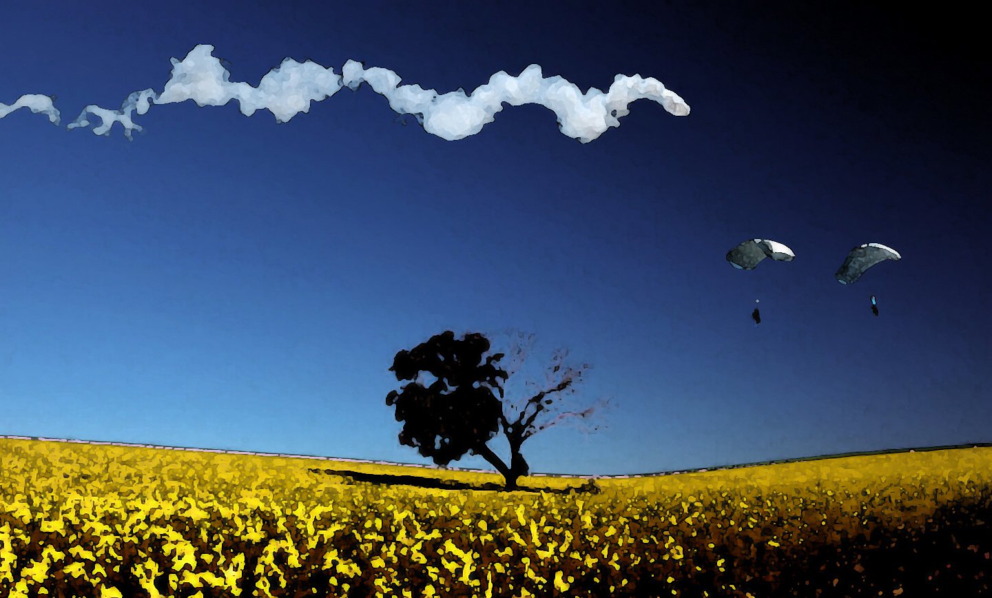 A vibrant artistic landscape features a lone tree amidst a field of yellow, with two parachutists descending under a backdrop of blue sky and wispy clouds.