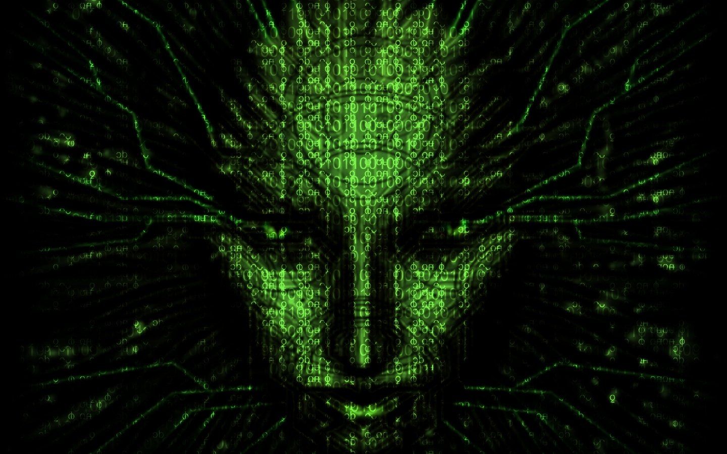 Artistic depiction of a human face emerging from green digital code, blending technology and creativity in a striking visual.