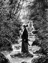 Black-and-white anime scene, Vagabond (Manga): lone swordsman stands on a rock in a forest stream, a woman seated on stone steps behind him.