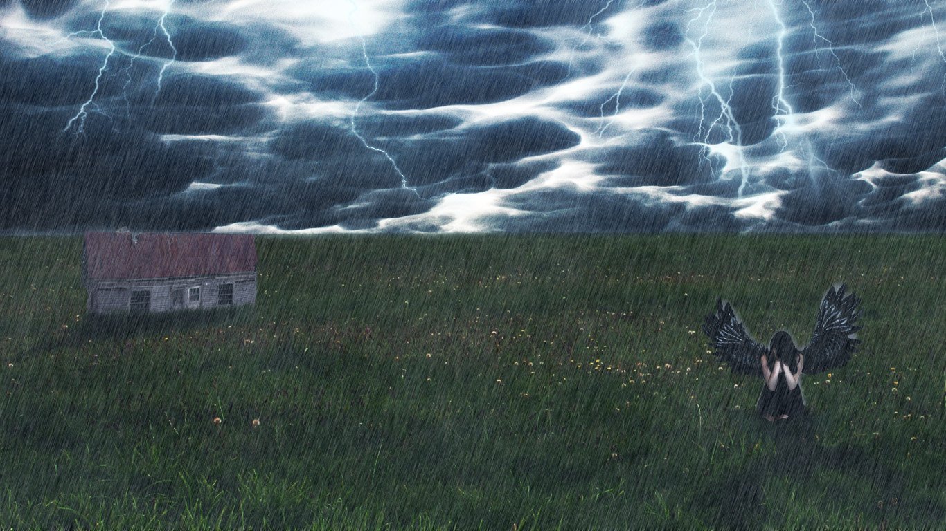 A dark angel stands in a stormy landscape, rain pouring down as lightning illuminates the sky, with a solitary house in the distance amidst the lush green field.