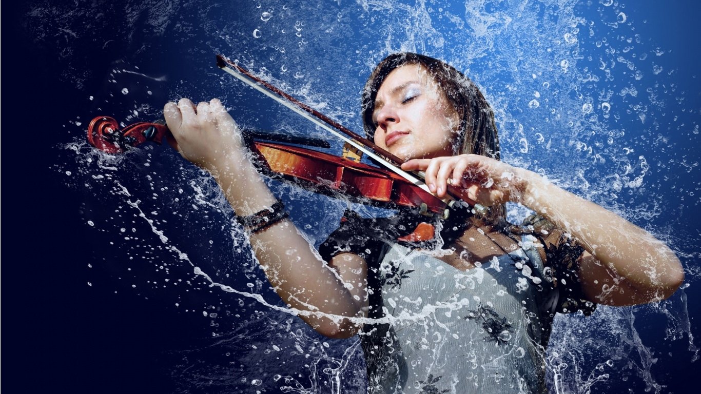 A musician plays the violin amidst dynamic splashes of water, creating a striking visual representation of music and movement.