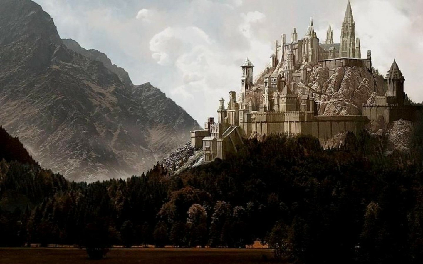 A majestic fantasy castle perched on a mountainside, surrounded by lush forests and a dramatic sky, evokes a sense of adventure and mystery.