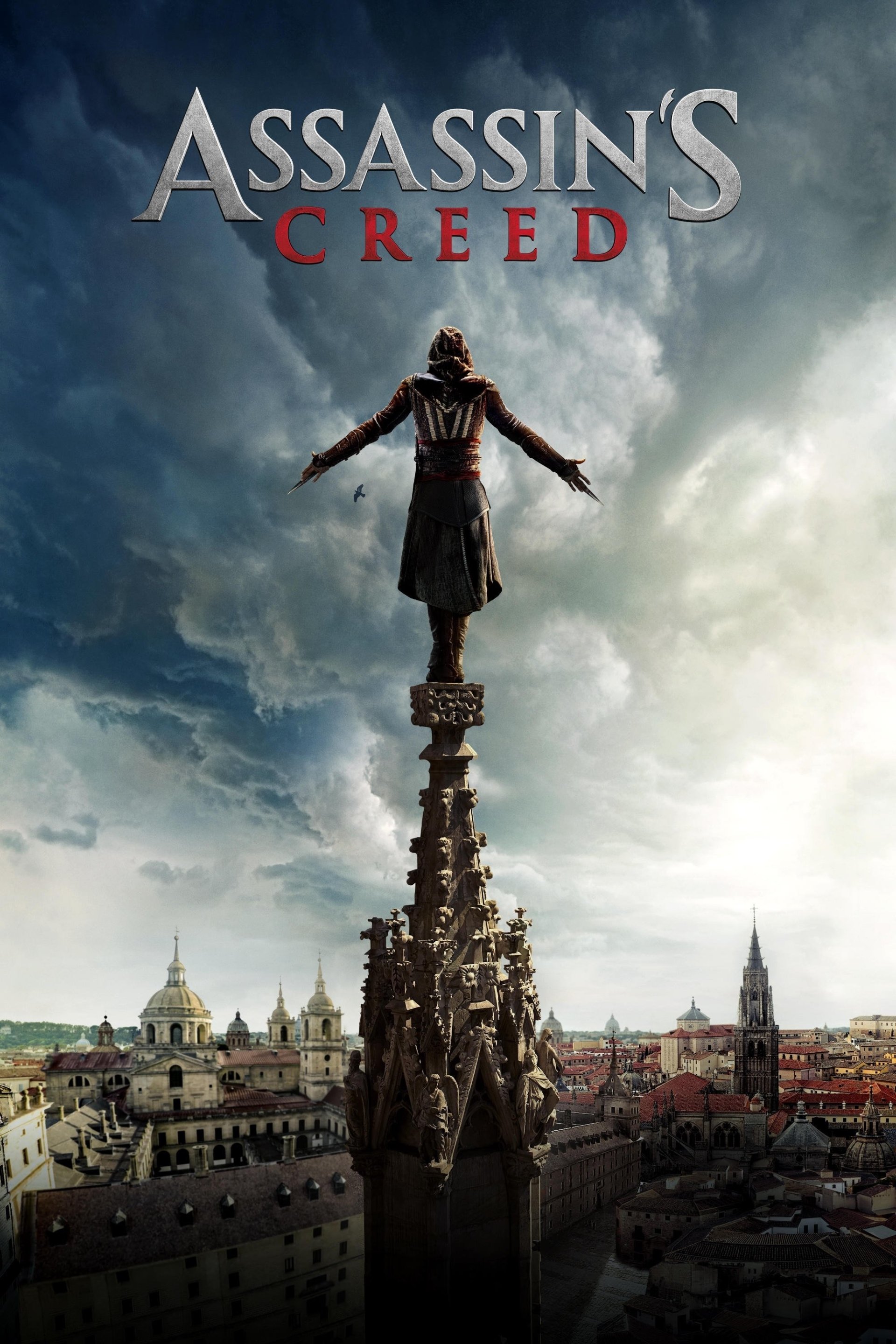 Poster for the Assassin's Creed movie showing a hooded figure balancing on a cathedral spire high above a cityscape under a dramatic cloudy sky.