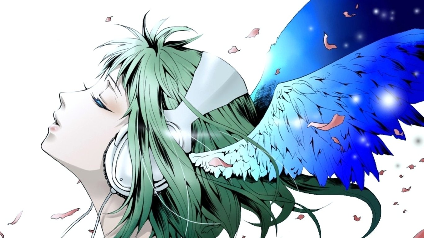 Anime-style illustration of Vocaloid GUMI with green hair, white headphones, and blue angel wings, set against a soft, glowing background with floating petals.