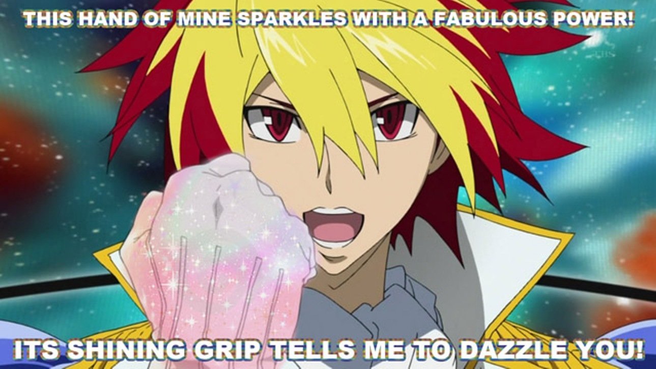 Anime character from Star Driver with spiky red and yellow hair clenches a sparkling, glowing fist, confidently declaring a dazzling power.