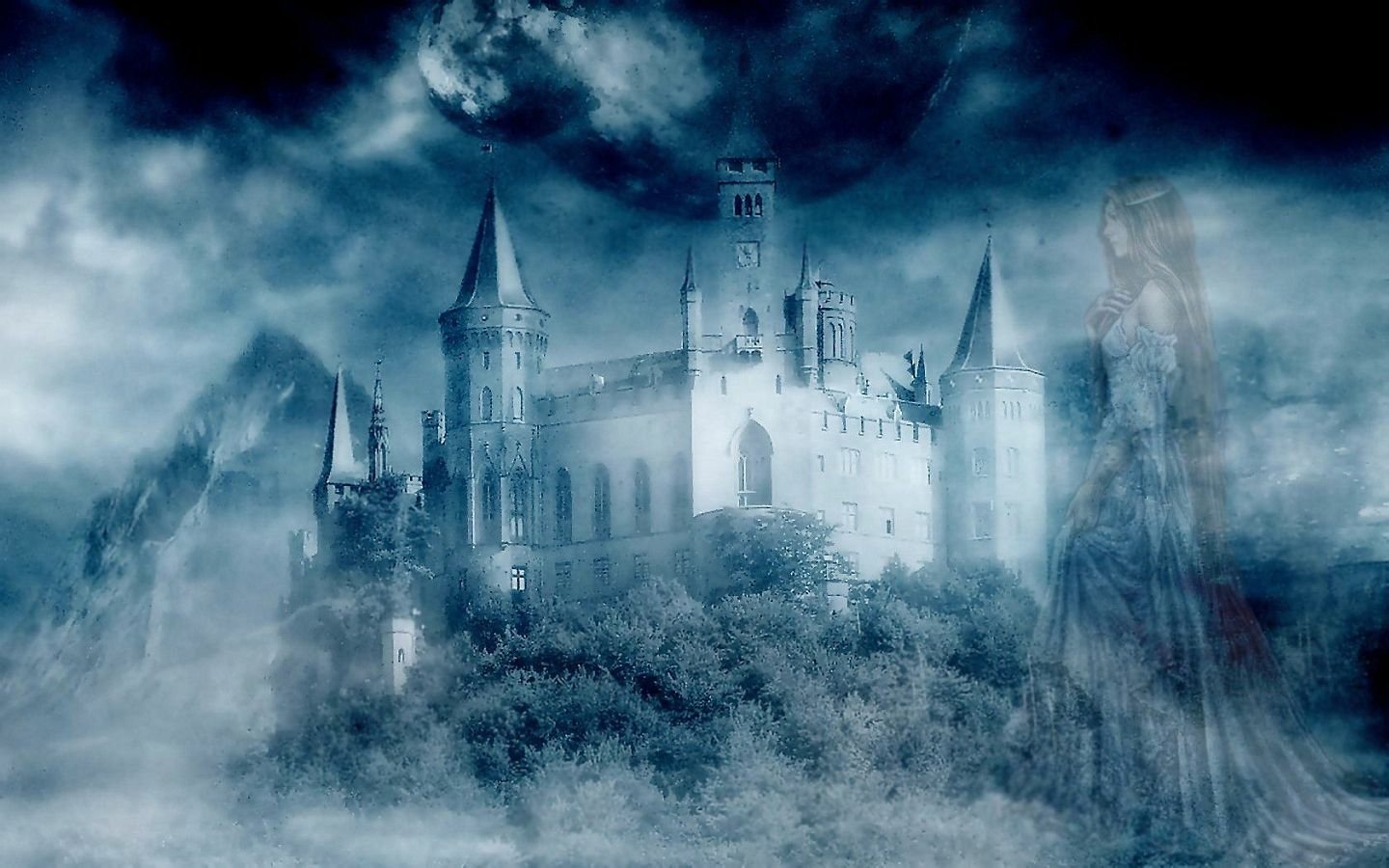 A mysterious fantasy castle looms under swirling clouds, partially obscured by mist, creating an enchanting and ethereal atmosphere. A ghostly figure stands nearby, enhancing the mystique.